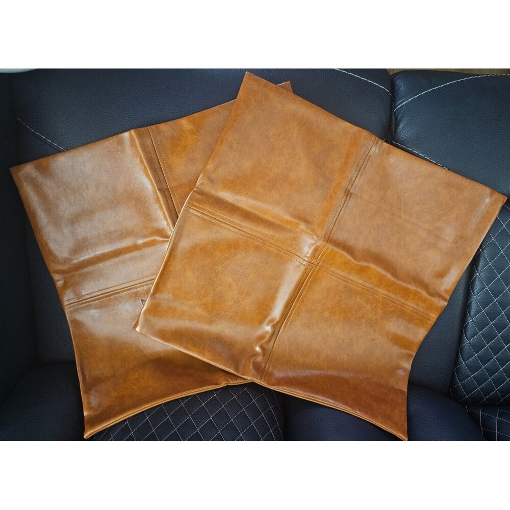 Faux Leather Farmhouse Throw Pillow Covers - Brown Leather 18" x 18" - Set of 2 - Picture 2 of 4